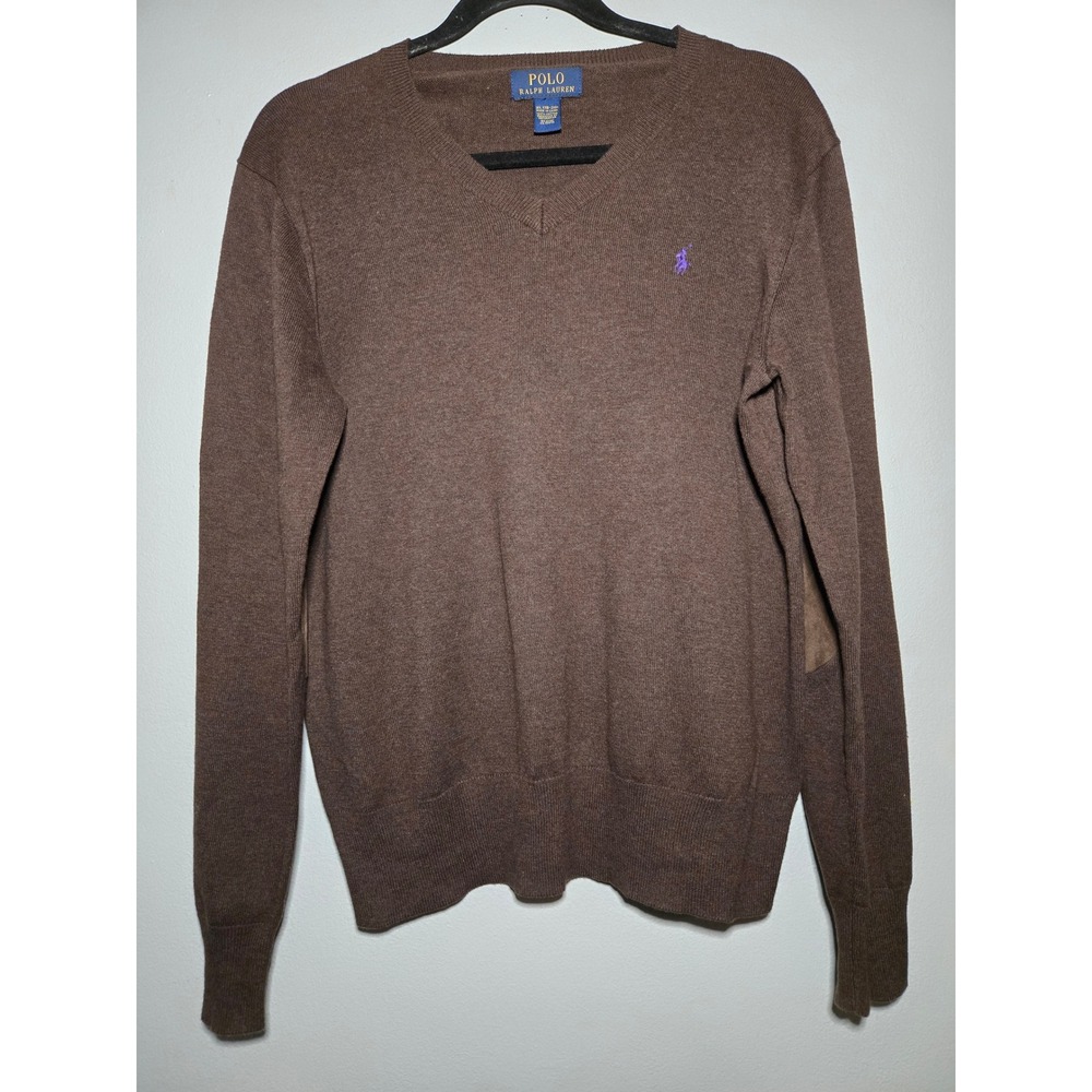 Polo Ralph Lauren Brown V Neck Sweater XL Elbow Patch Cotton Preppy‎ Academia